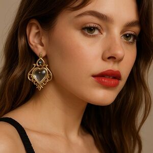 Vintage JJ Heart Filigree Earrings with Clear Lucite & Blue Stone Detail